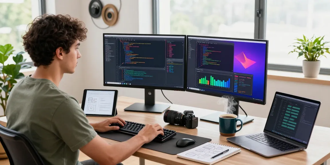 Engaging coding workspace scene featuring telegramin-cn.com developer surrounded by tech gadgets.