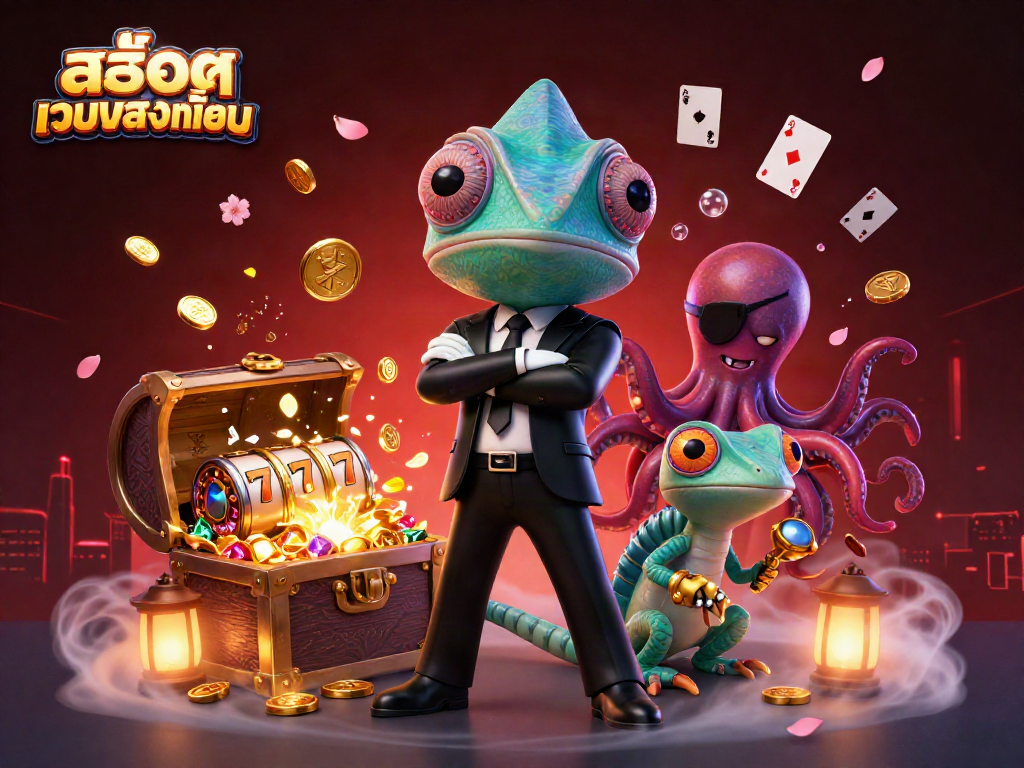 Engage with สล็อตเว็บตรงทั้งหมด through this vibrant dynamic casino scene filled with colorful characters and gaming elements.