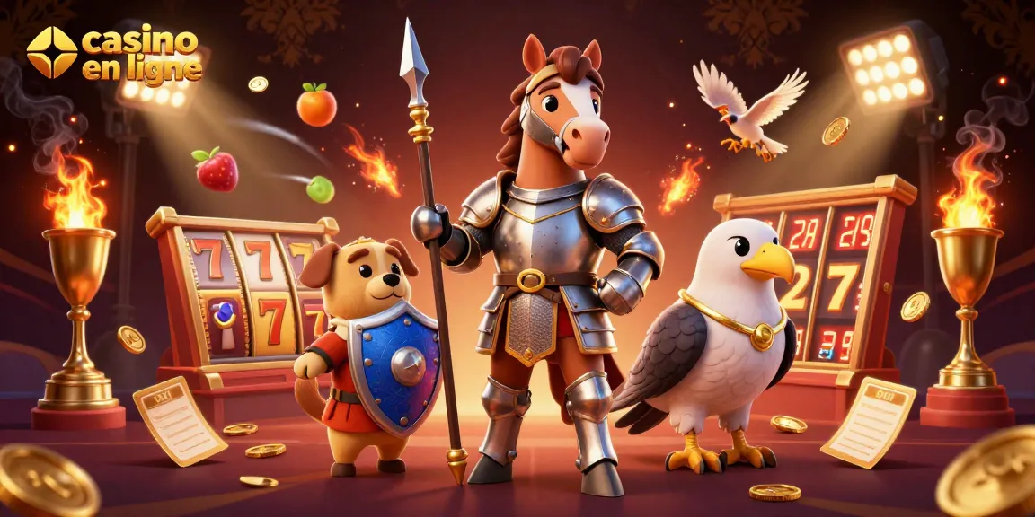 Vivez des sensations fortes de casino en ligne avec cette scène illustrée de chevaliers et d'éléments de jeu.