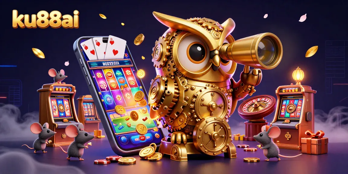 ku88ai features a lively 3D casino scene with a clockwork owl and vibrant slot game chaos.