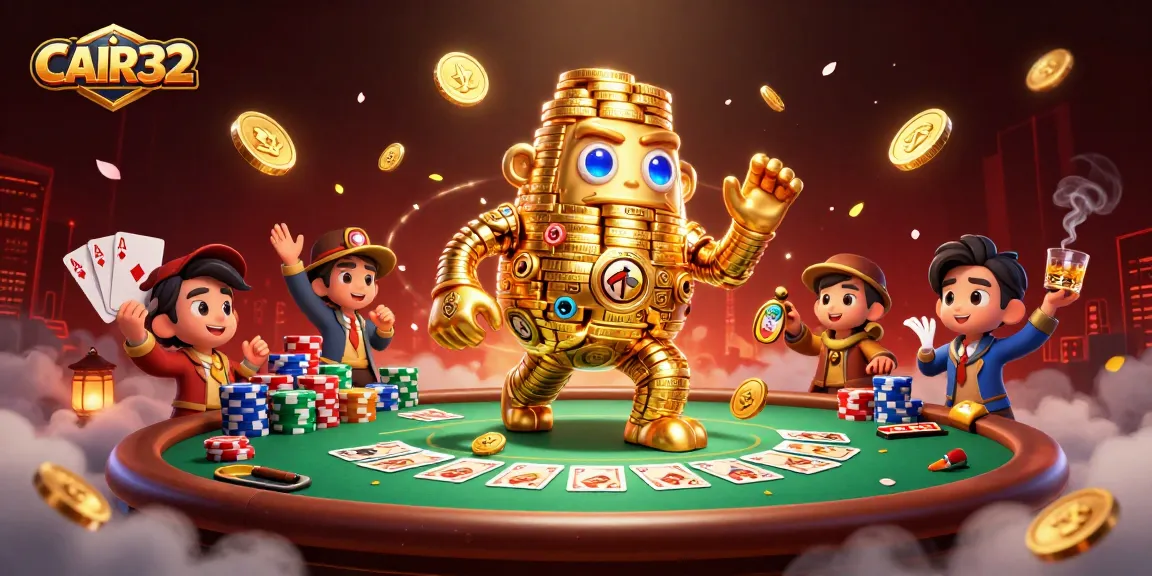 CAIR32 menghadirkan keseruan judi dengan golem emas kuno di atas meja poker yang penuh warna.