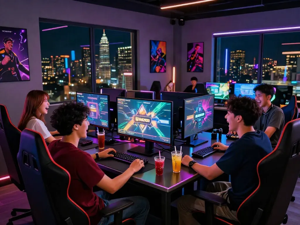 A lively online gaming lounge scene with friends enjoying slot gacor gameplay.