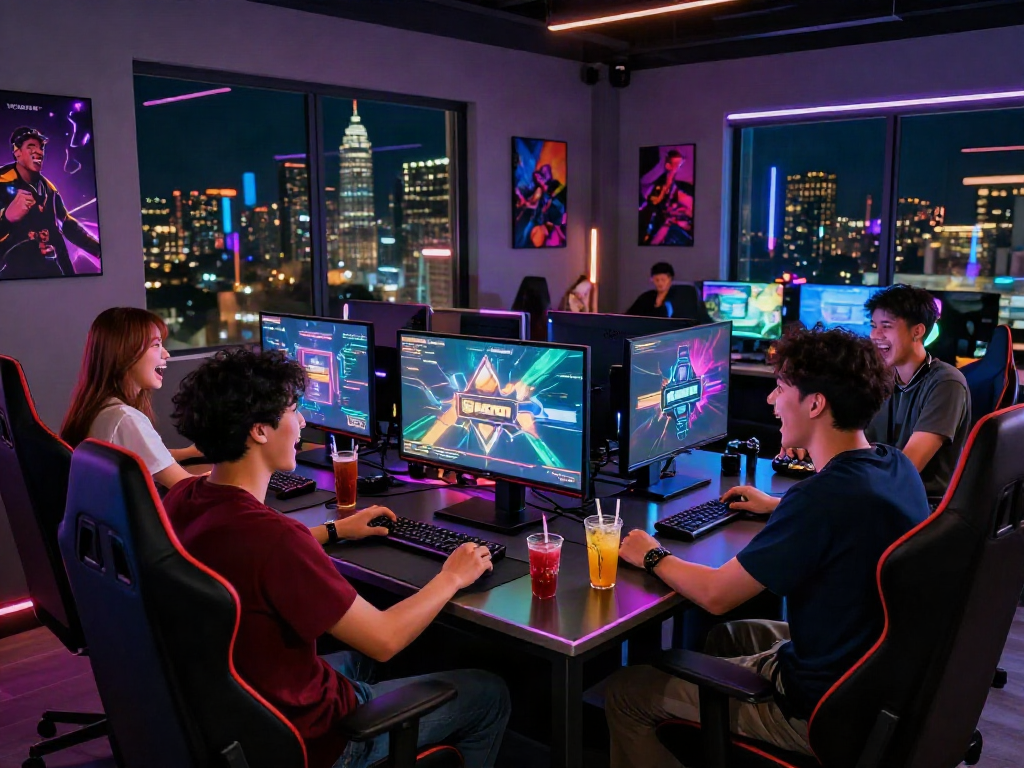A lively online gaming lounge scene with friends enjoying slot gacor gameplay.