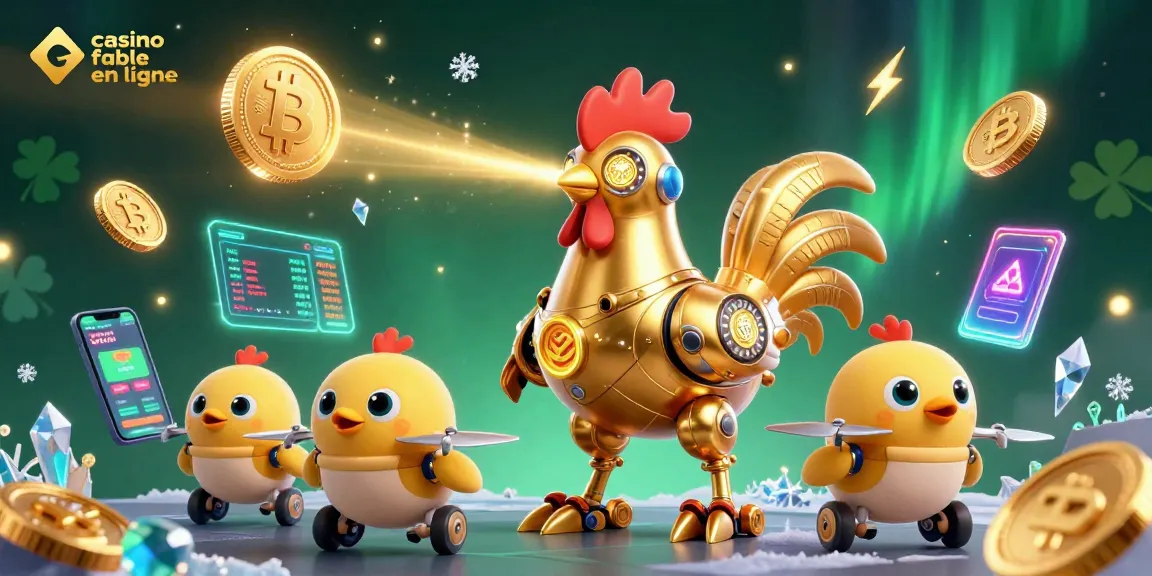 Jouer à un casino fiable en ligne avec un robot coq futuriste illuminant des circuits pendant que des pièces de crypto flottent.