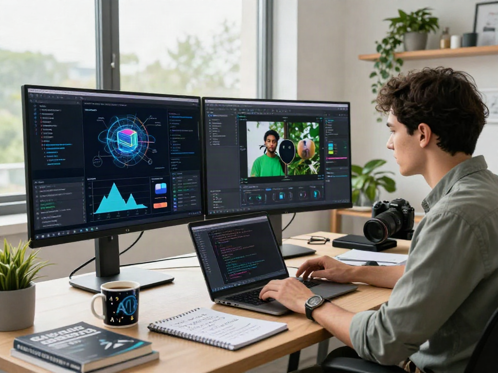 AI Image Detection scene showing a data scientist analyzing AI algorithms and visuals in a modern tech workspace.