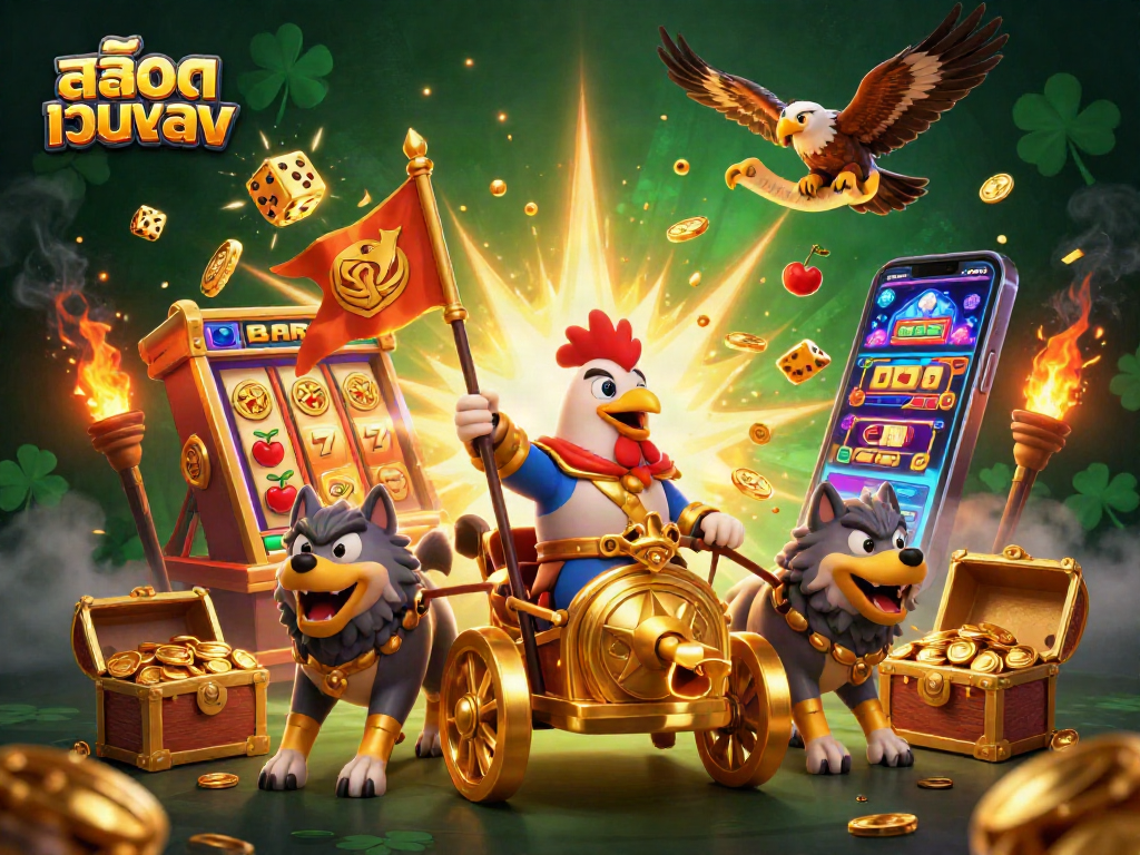 Engage with สล็อตเว็บตรง as a cartoon rooster warlord leads a jackpot explosion and thrilling casino elements.