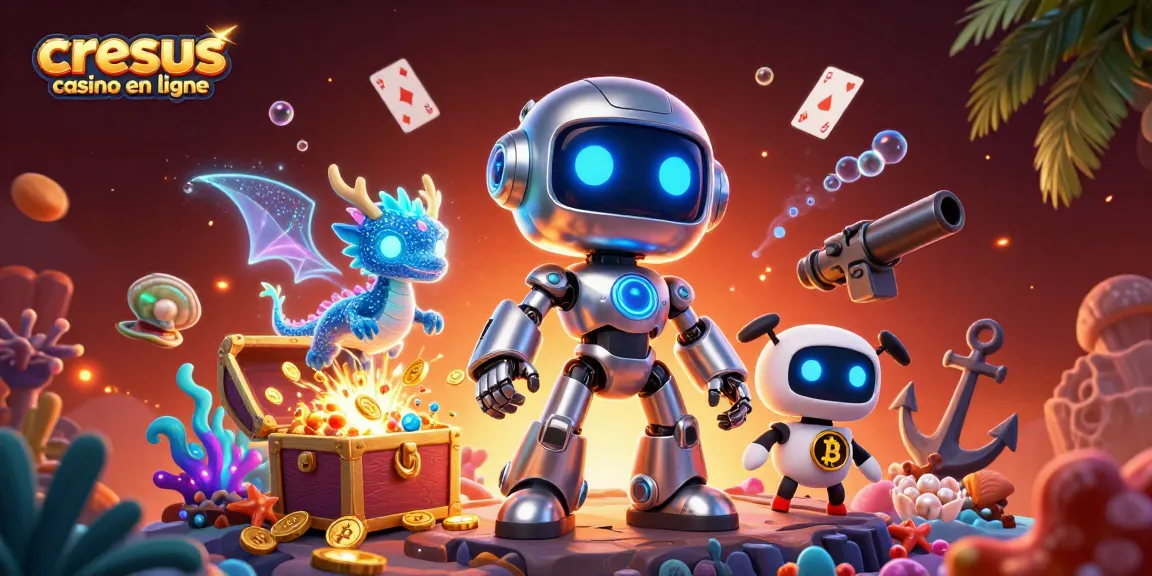 Illustration 3D captivante présentant des éléments de cresus casino en ligne avec un robot futuriste et un dragon.