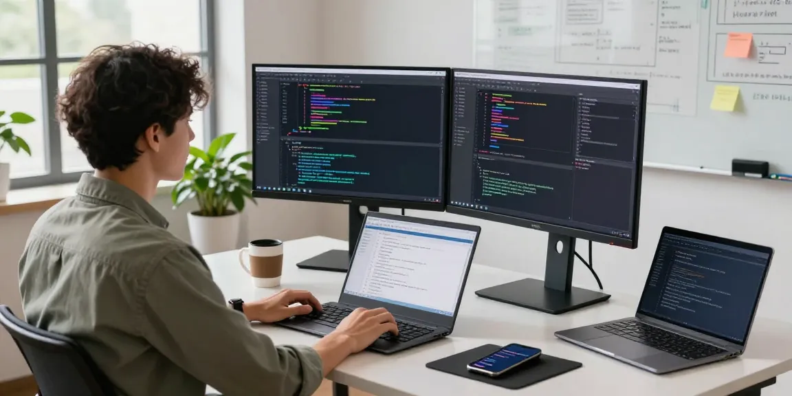 Dynamic tech workspace with developer coding on dual monitors, showcasing the innovative features of teiegramin.com.