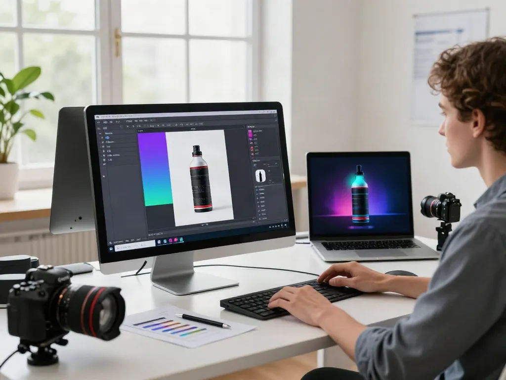Designer using an AI product photo generator in a vibrant e-commerce workspace.