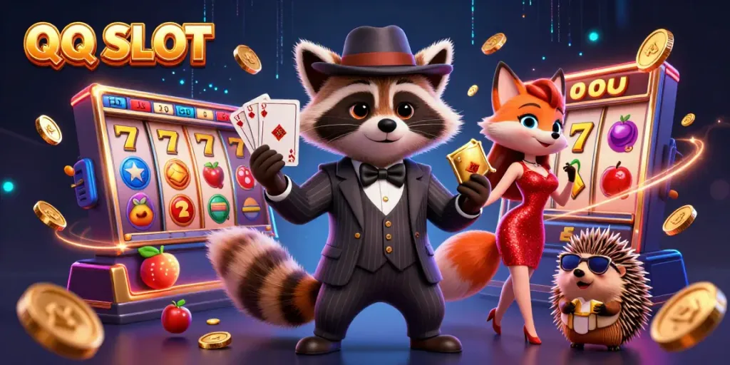 Experience thrilling QQ SLOT action with a stylish raccoon, colorful slot elements, and vibrant energy.