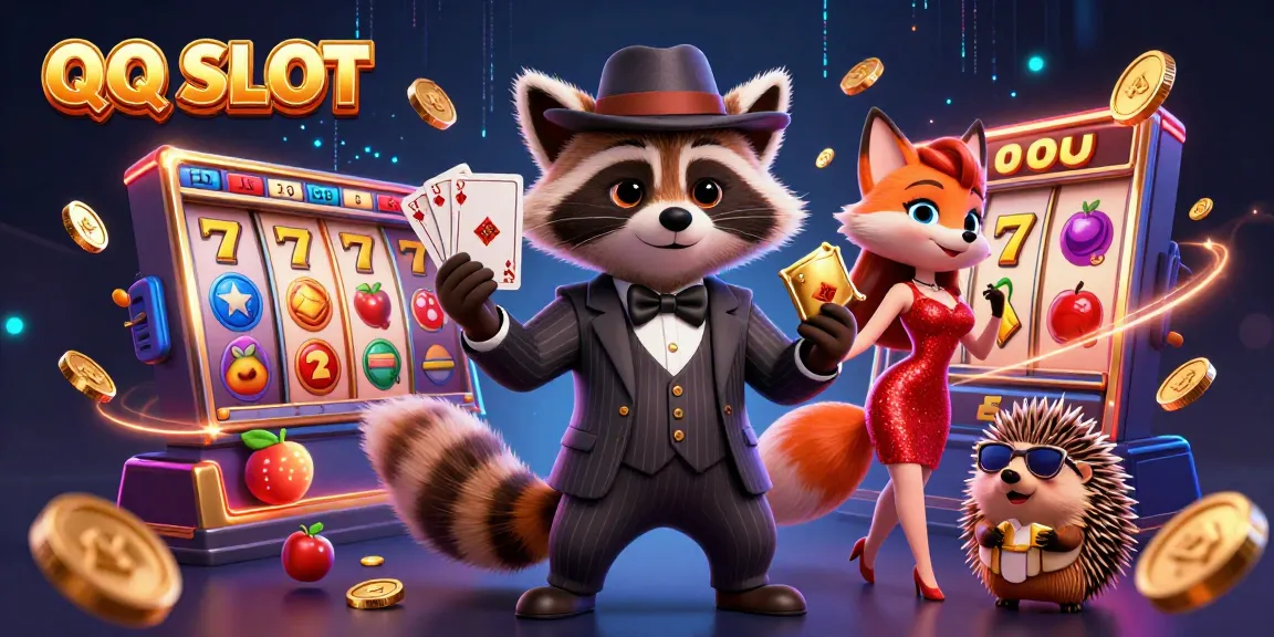 Experience thrilling QQ SLOT action with a stylish raccoon, colorful slot elements, and vibrant energy.