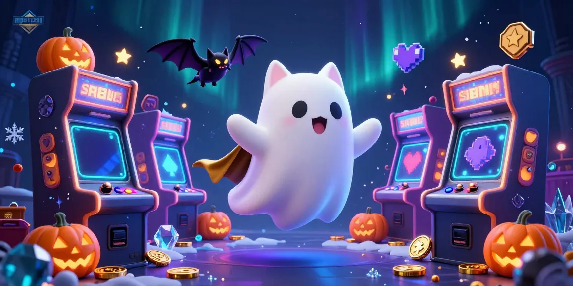 Engage with mpo1221's thrilling atmosphere featuring a ghost cat and arcade machines in a haunted casino scene.