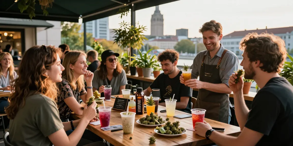 Where Can I Find Top Grade Weed in Stuttgart, Germany? Friends enjoying cannabis products at a lively coffee shop.