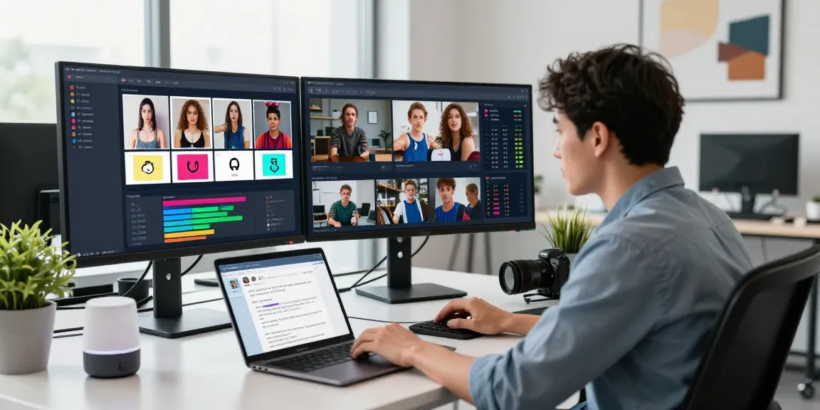 AI detector technology in action with a data analyst monitoring content moderation dashboards in a vibrant office.