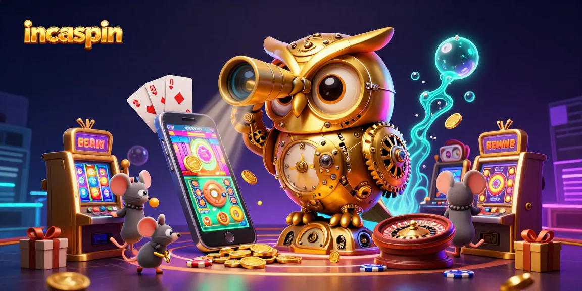 Experience the thrill at IncaSpin as owl surveys vibrant casino action and mouse patrons navigate slot machines.