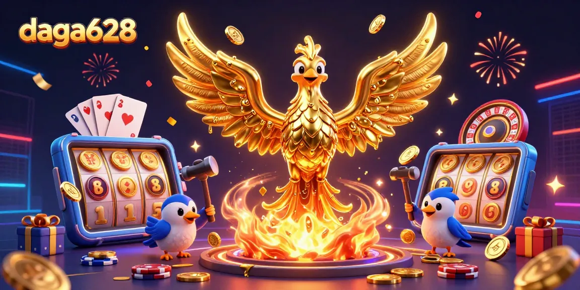 daga628 phoenix emerging from molten gold with slot game elements, showcasing exciting gambling action.
