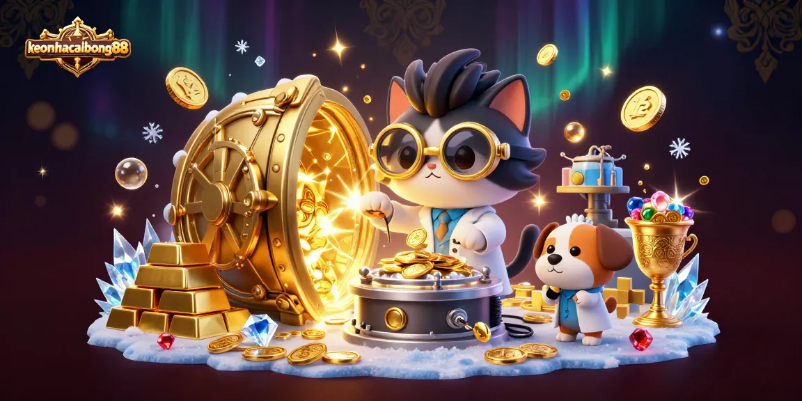 Engage with keonhacaibong88 while exploring vibrant casino-themed 3D illustration showcasing gold and gems.