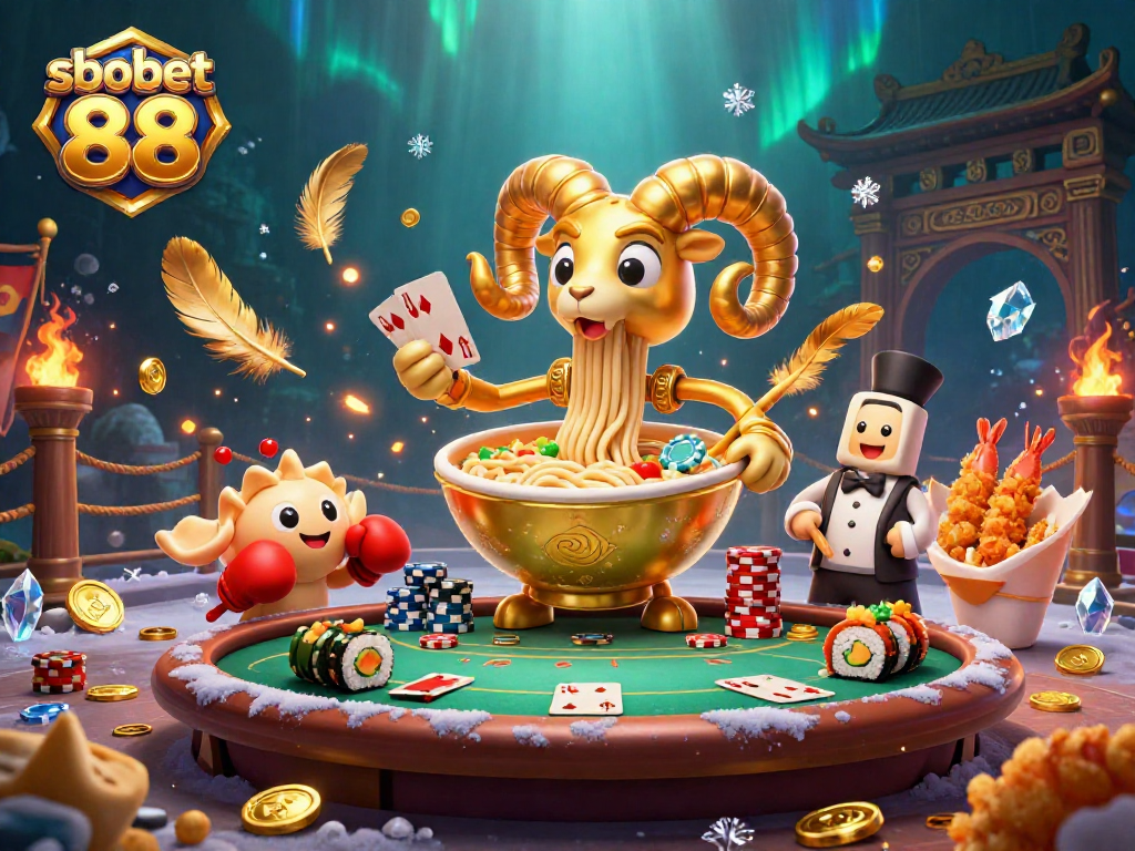 Engage with sbobet 88 at a vibrant casino scene featuring a golden ramen bowl dealer and poker action.