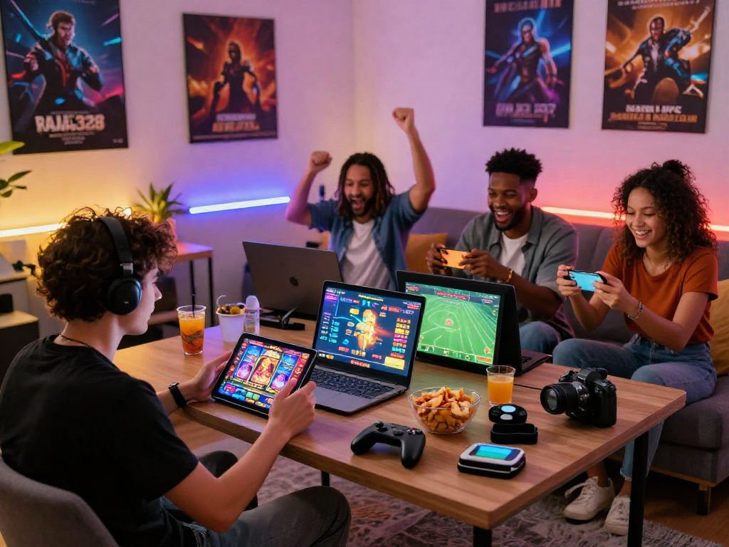 Exciting online gaming scene on Raja328 platform with friends enjoying diverse games and vibrant atmosphere.