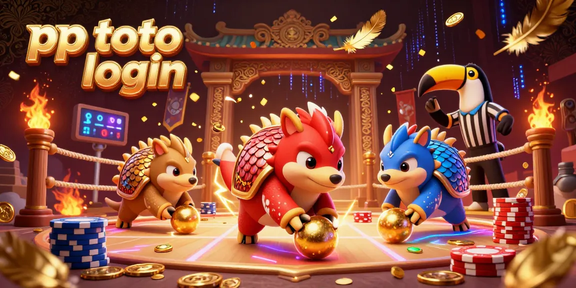 Engage with the vibrant scene of pp toto login as rival pangolins compete in a dynamic casino game, surrounded by gold tokens.