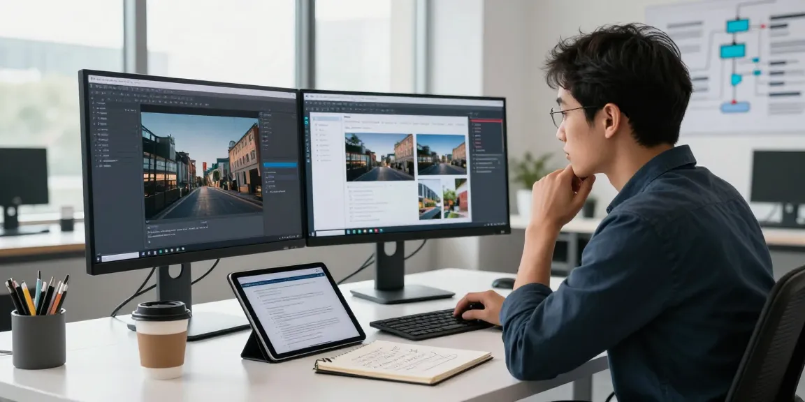 An engaging workspace showcasing a professional using a free ai detector tool on dual monitors, capturing the essence of modern technology.