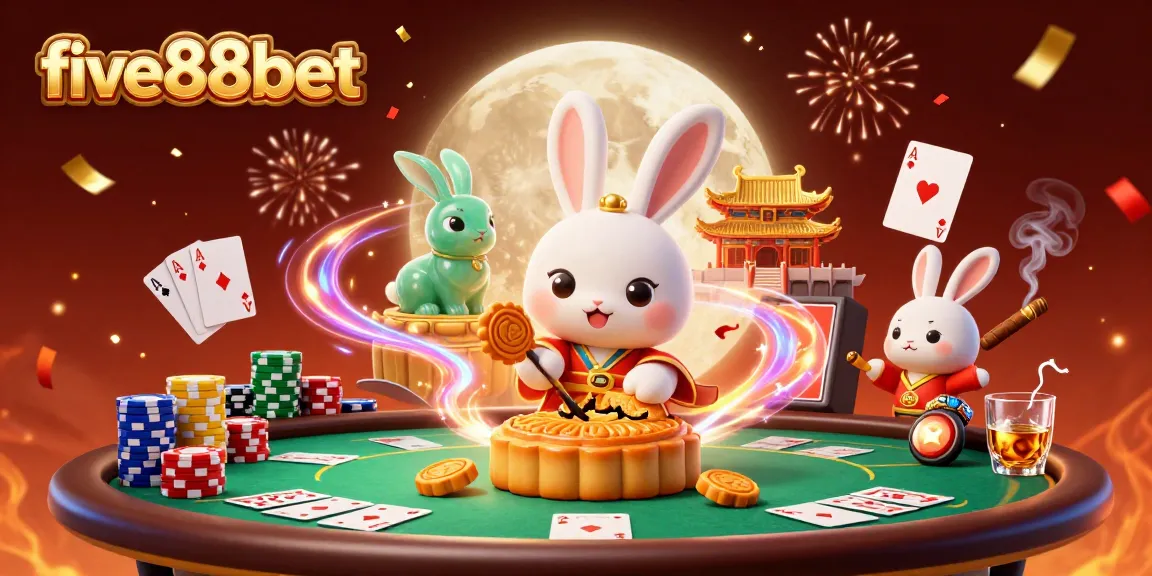 five88bet presents an exciting scene with poker chips, moon rabbit, and mystical elements in a vibrant casino illustration.