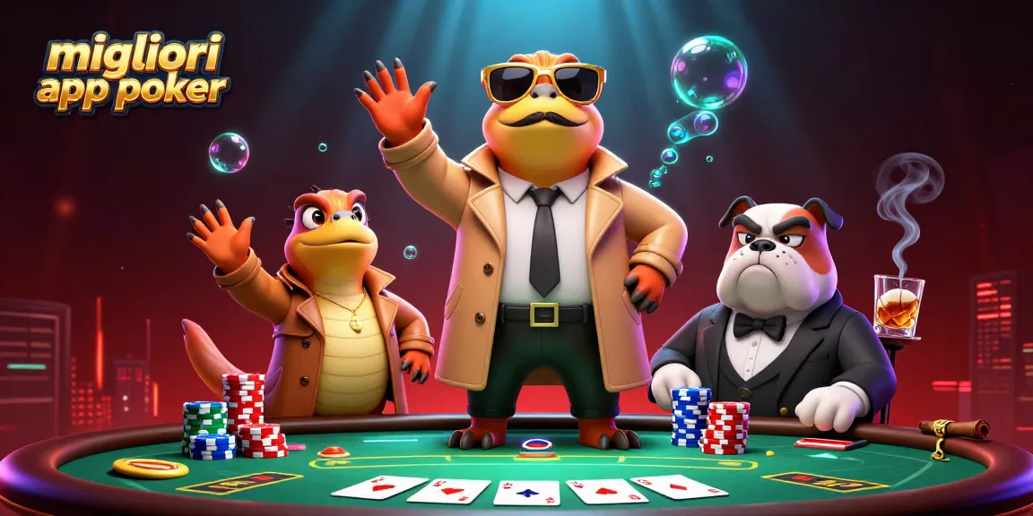 I migliori app poker in un'illustrazione colorata, con tre raptors in trench coat in un casinò