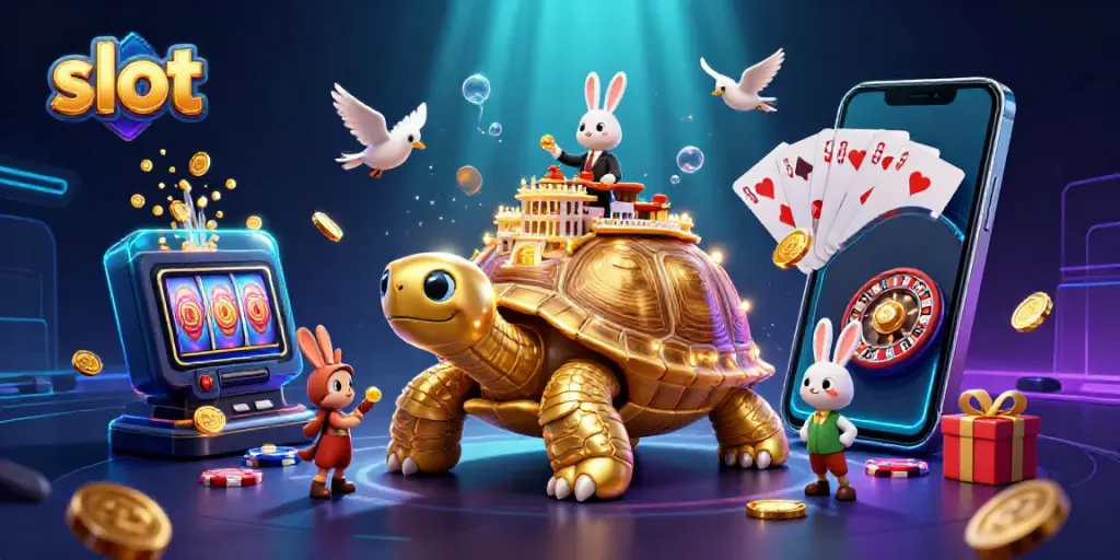 Mainan slot yang menyenangkan dengan karakter unik di sekitar kasino digital dengan koin emas terbang.
