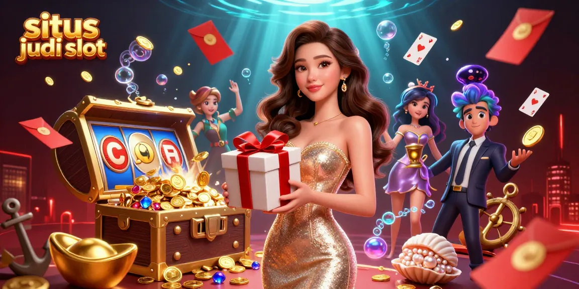Spin the reels at situs judi slot with vibrant characters in a festive casino scene overflowing with treasures.