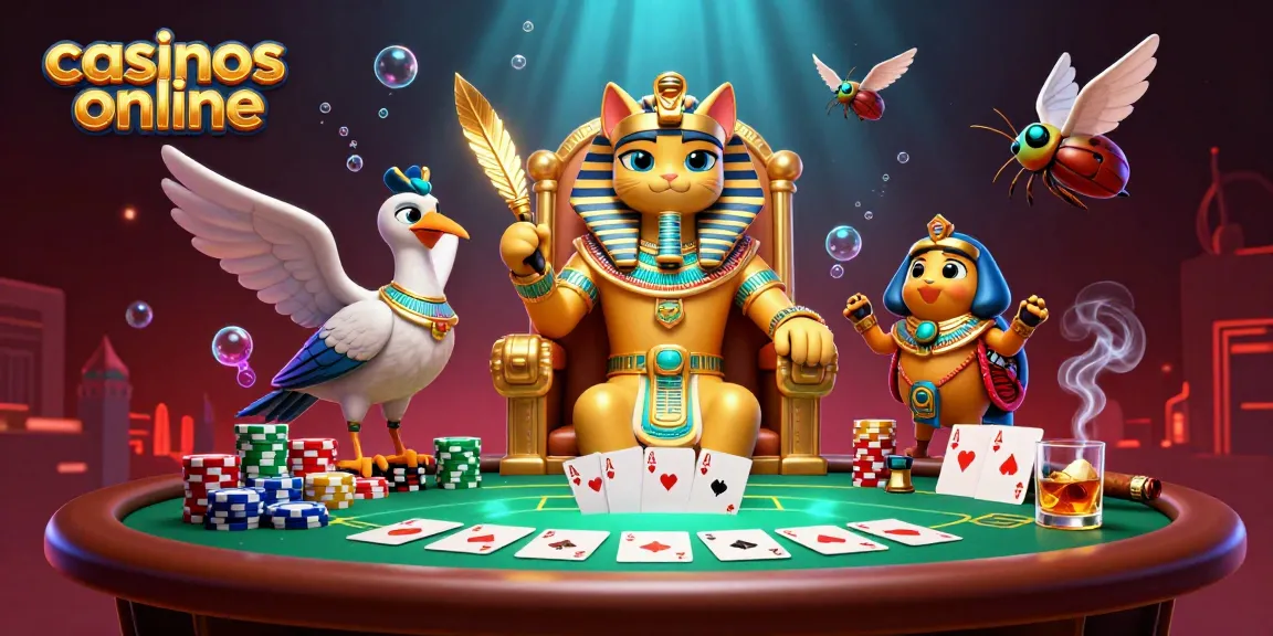 Disfruta de casinos online con el gato faraón y la mesa de póker en un entorno vibrante.