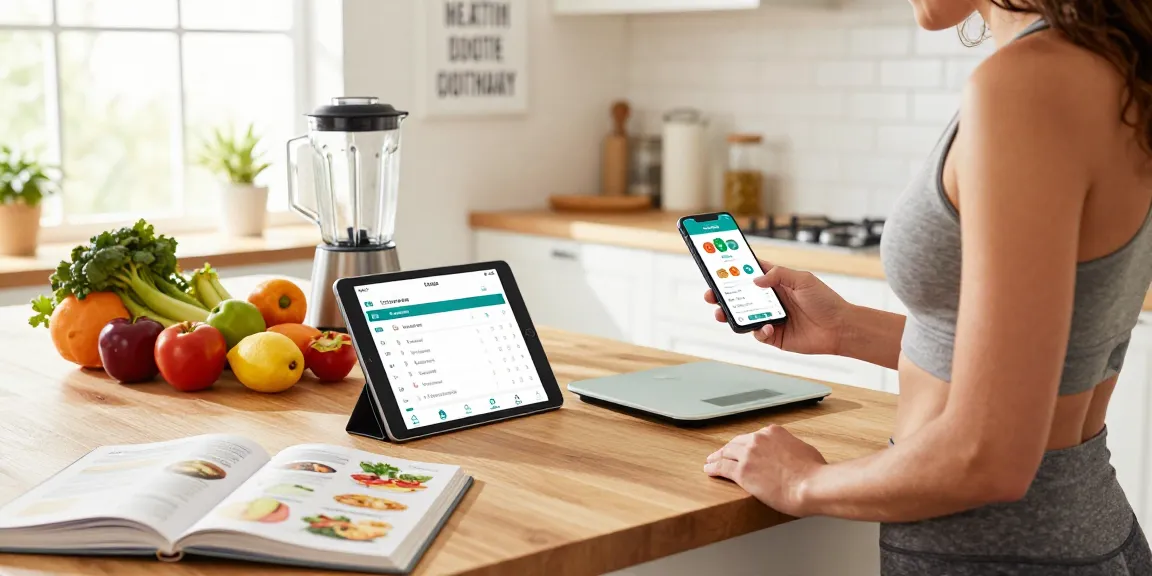 Logging meals into the best calorie tracking apps in a bright kitchen with fresh ingredients.