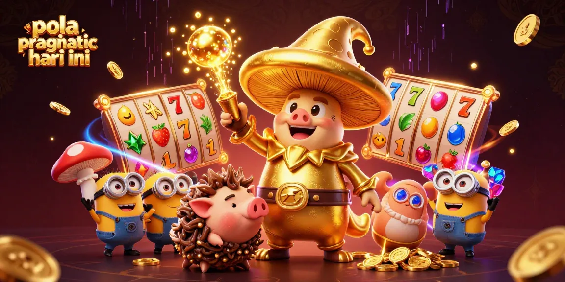Pola pragmatic hari ini showcases a vibrant scene with a golden mushroom wizard, truffle pig, and slot elements in a magical casino.