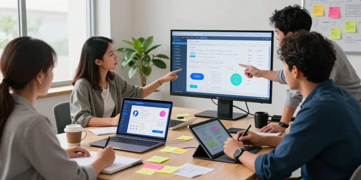 Team collaborating on developing an AI assistant app in a bright and modern workspace.