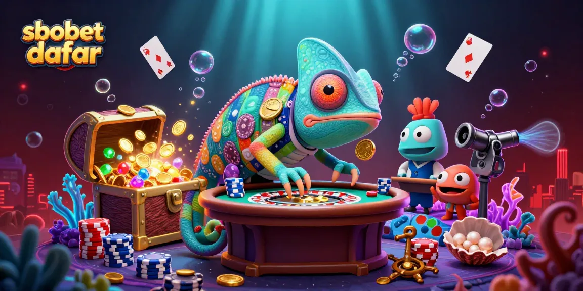 Engage with sbobet daftar in a 3D casino scene featuring a vibrant chameleon owner capturing golden coins.