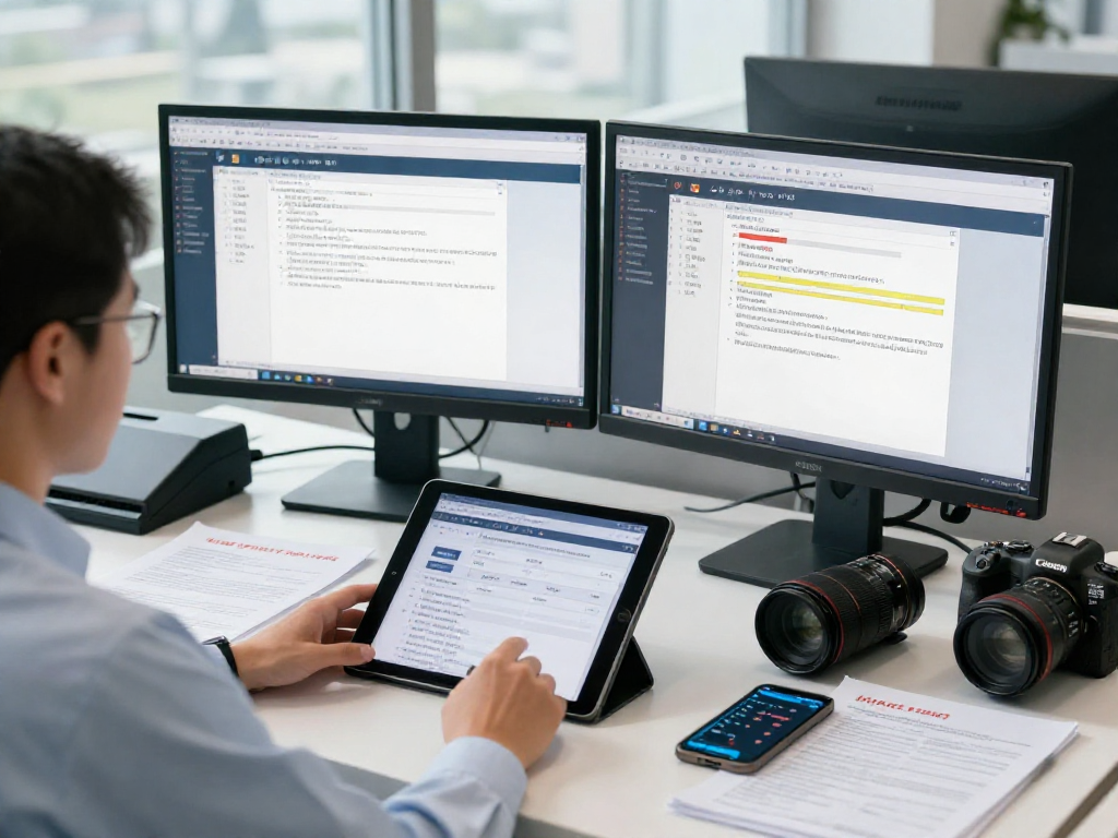 Compliance officer engaged in document fraud detection, analyzing digital files with advanced forensic tools in a modern office.