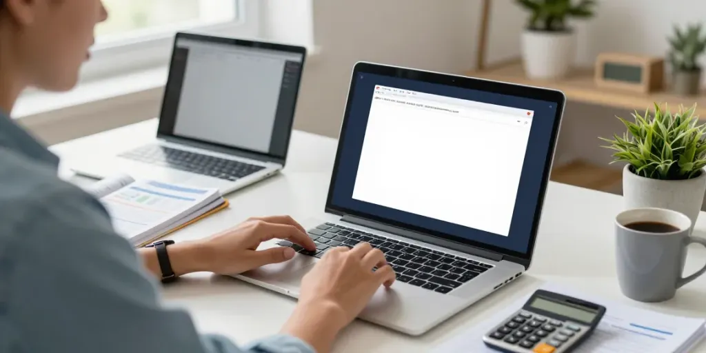 Person using a Calculator Online in a bright home office workspace.