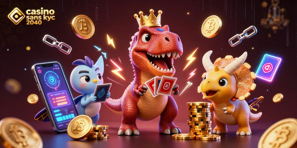 Découvrez le casino sans KYC 2040 avec un T-Rex en couronne, un assistant et des jetons.