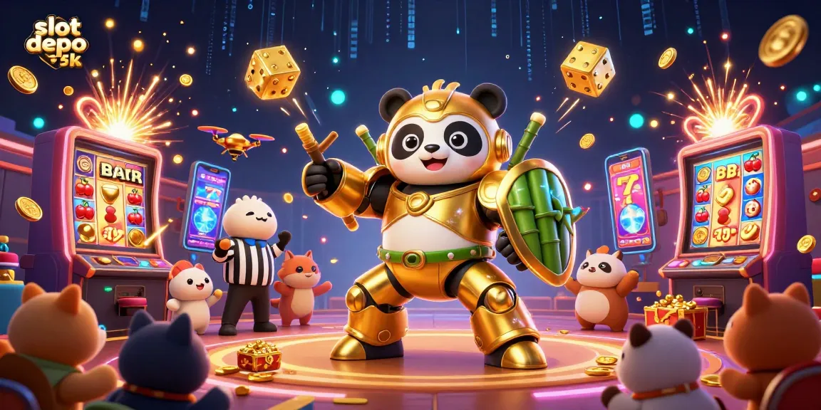 Engage in thrilling slots at slot depo 5k with vibrant jackpots and dynamic gameplay featuring a golden panda robot.