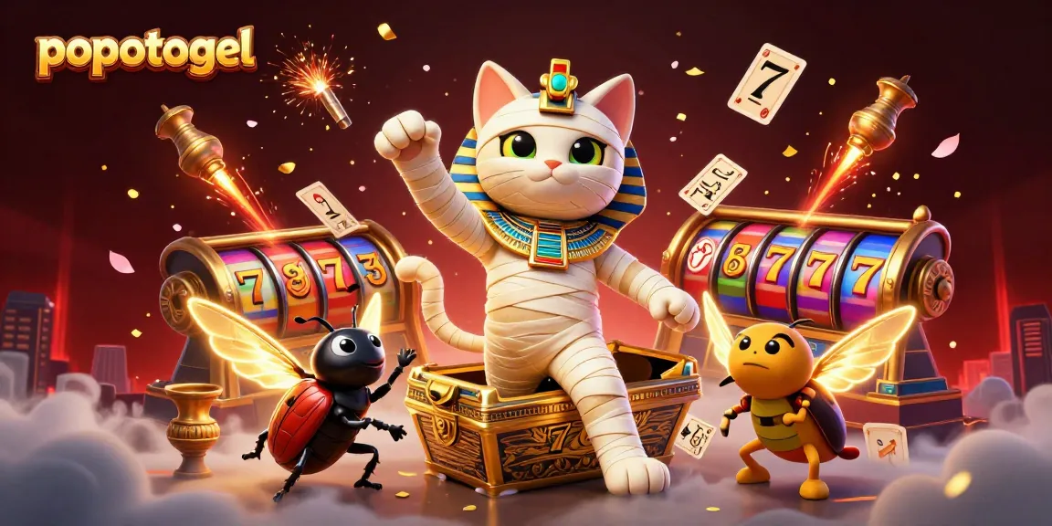 Popotogel showcases a lively 3D casino scene with a mummy cat and vibrant slot reels spinning.