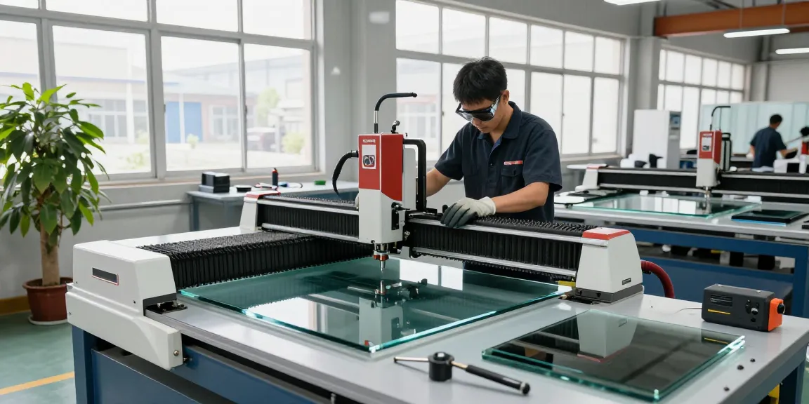 Technician using a cnc glass cutting machine in a bright industrial workspace.