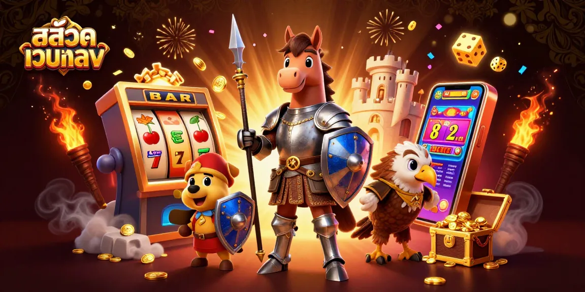 Experience the excitement of สล็อตเว็บตรง with dynamic character illustrations and captivating casino elements.