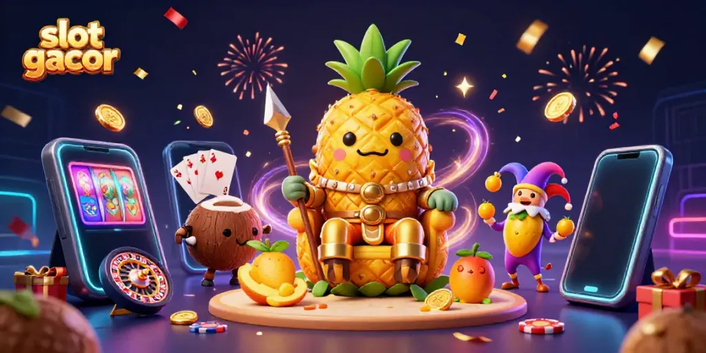 Experience the excitement of slot gacor with a vibrant 3D scene of the golden pineapple king and festive elements.