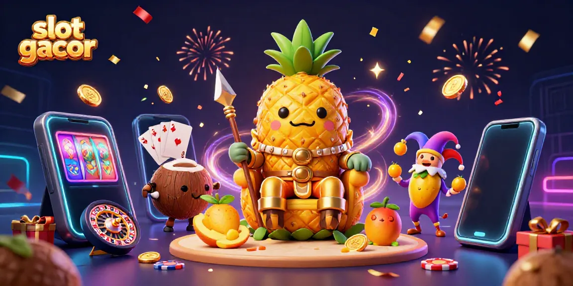 Experience the excitement of slot gacor with a vibrant 3D scene of the golden pineapple king and festive elements.