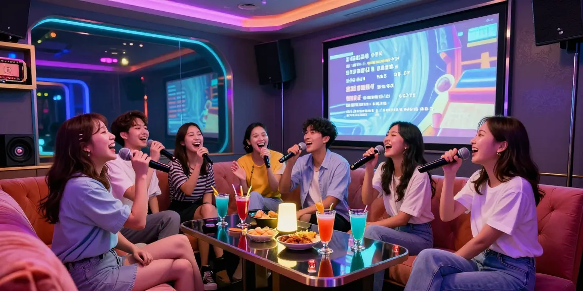 Friends enjoying 강남노래방 singing karaoke with vibrant lights and energy.
