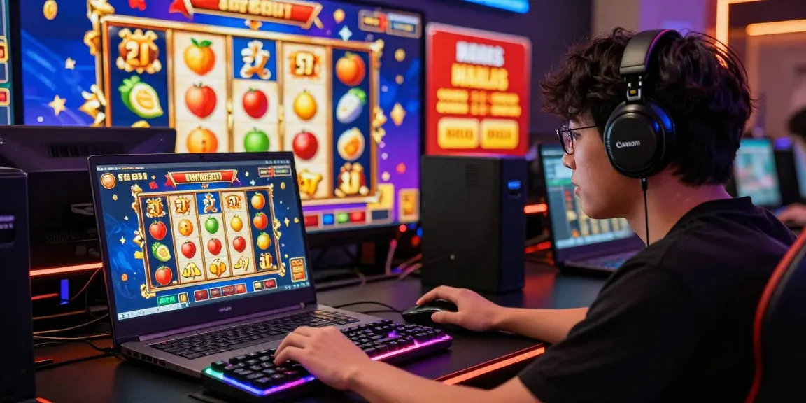 Exciting benihtoto daftar online gaming scene, player engaged with vibrant slot graphics and colorful animations.
