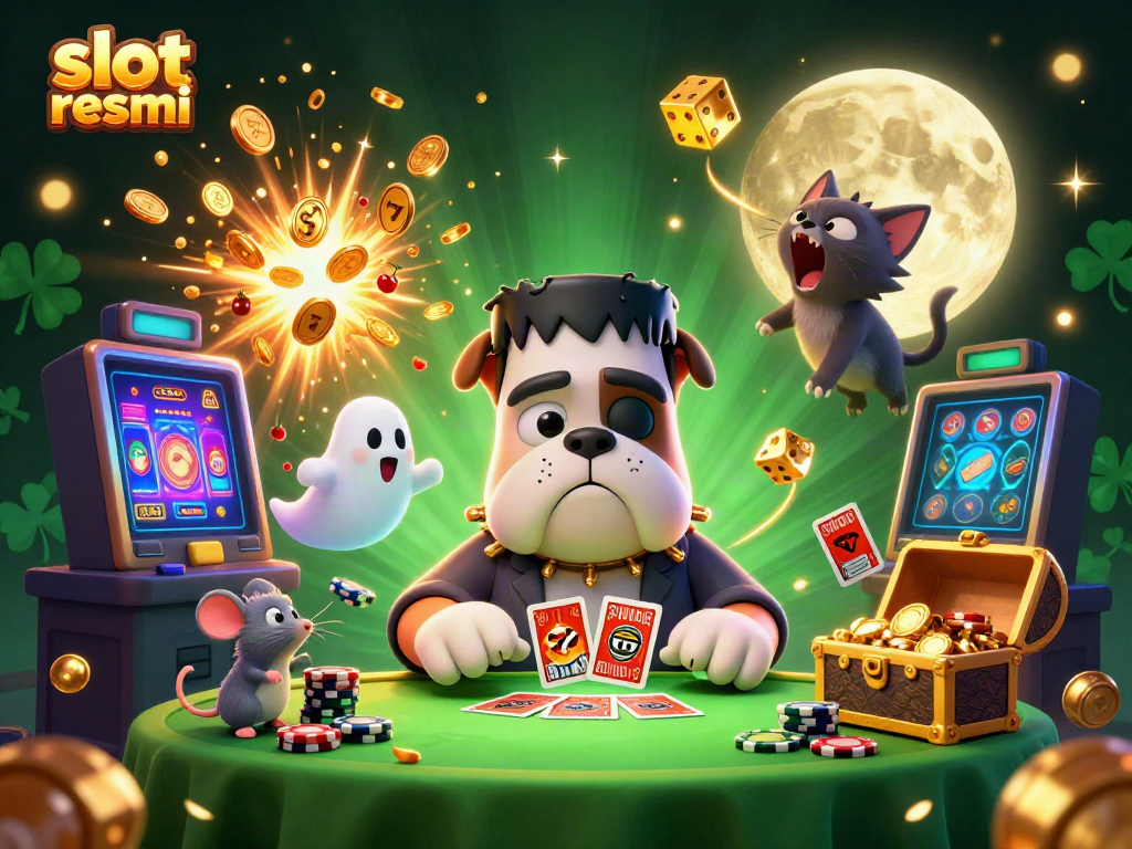Engage with the slot resmi featuring a mystical bulldog dealer amidst vibrant casino chaos.