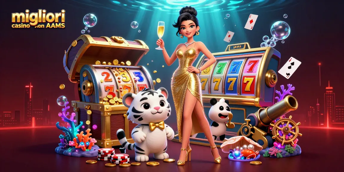 Illustrazione dei migliori casino non AAMS con una donna glamour e un cucciolo di tigre fortunato tra elementi di casino.