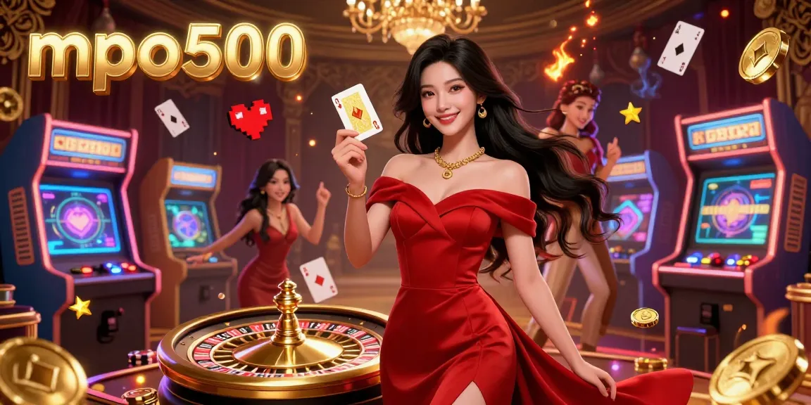 Engage with exciting winnings on mpo500 while playing at a luxurious casino, featuring elegant characters and vibrant game elements.