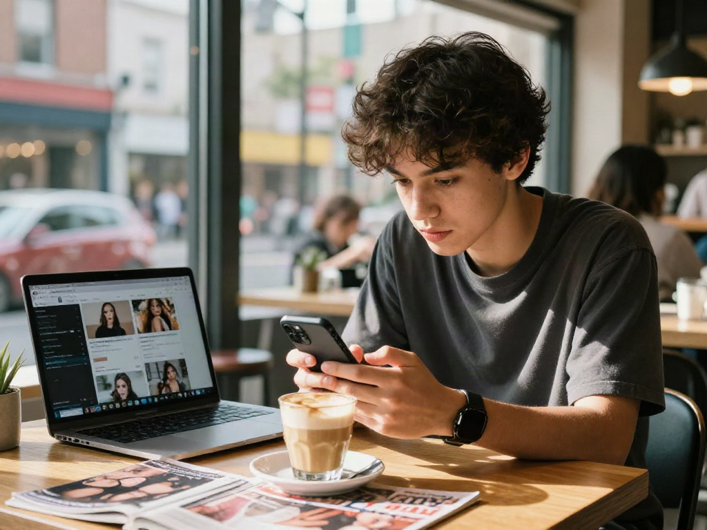 Engaging attractiveness test experience in a vibrant café setting, featuring a young person using a smartphone app.