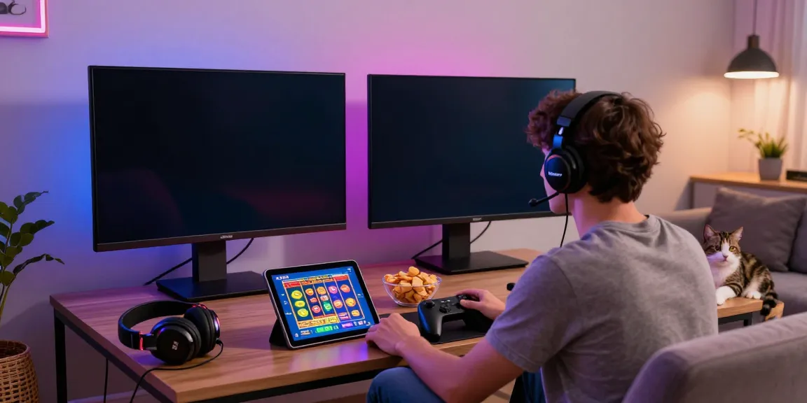 Engaging home scene of a player enjoying an online slot game with vibrant screen visuals and cozy ambiance.